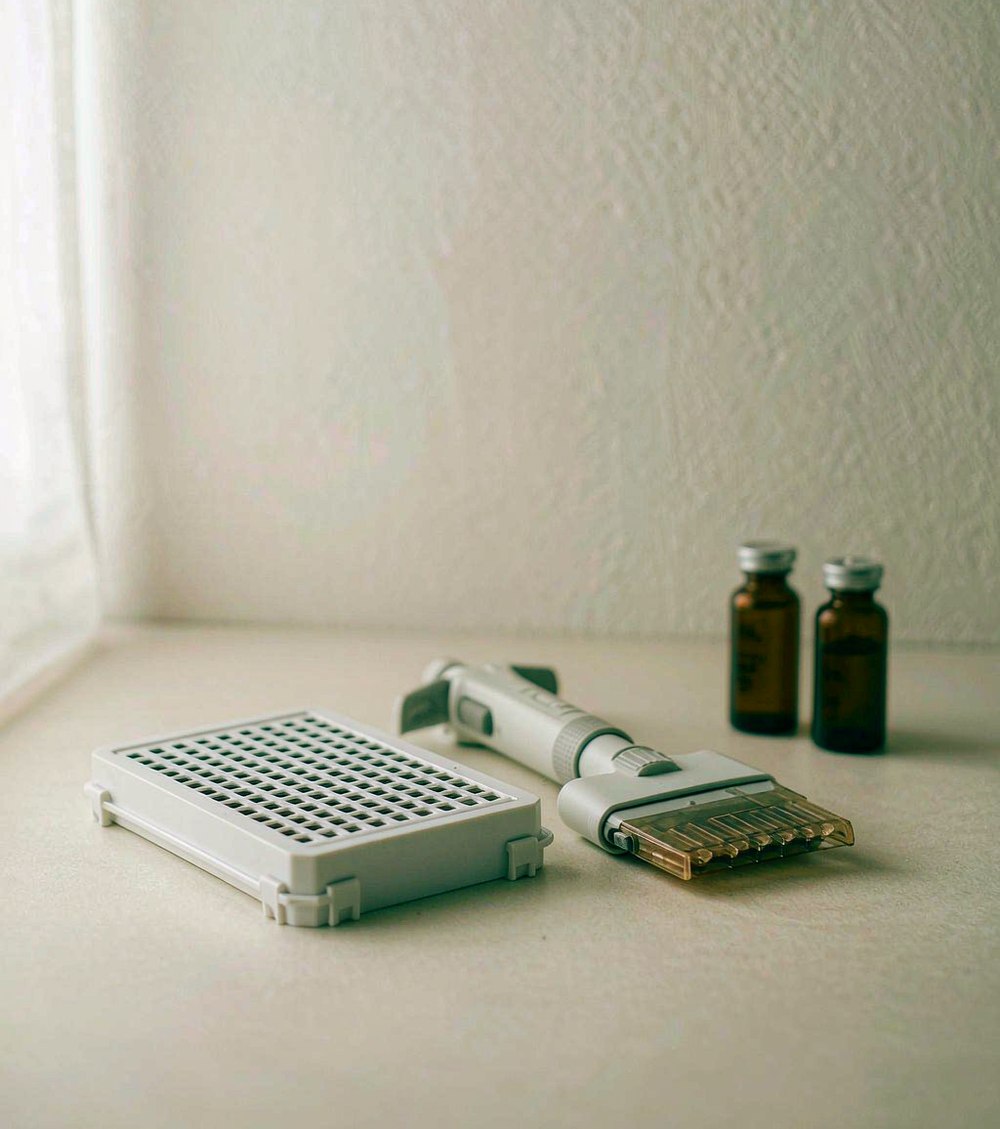 Microplate, multichannel pipette and reagent vials on a laboratory bench